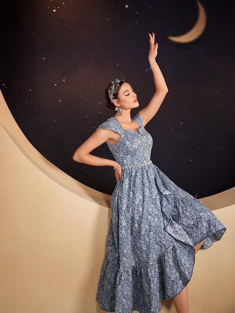 Women's Jacquard Wrap Dress With Ruffled Hem Long Evening Dresses