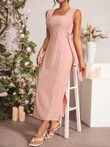 Chiquease Đầm Maxi Cổ Vuông Màu Trơn Xẻ Bên Cho Nữ Trang Phục Nữ - Hồng - Xem 3