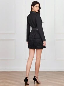Chiquease Ladies' Fringed Hem Suit Dress With Shawl Collar - Black - View 2