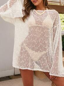 Bright WhiteSolid None Round Neck Shift Basic Pompom Mesh Long Sleeve Side Split Beach Cover Up Summer - White - View 4