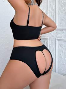Conjunto De Lencería Provocativo De Talla Grande De Encaje Con Huecos Con Forma De Corazón (con Fondo Ondulado) - Negro - Ver 5