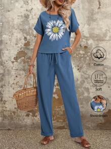 EMERY ROSE Bộ đồ thường ngày tay ngắn họa tiết hoa cúc cho nữ mùa hè hai mảnh bằng cotton - Màu xanh lam - Xem 3
