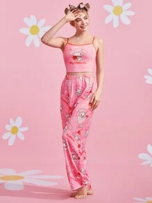 HELLO KITTY AND FRIENDS | SHEIN Conjunto de pijama de Camiseta con Estampado de Melodía Rosada de Dibujos Animados y Letras y Pantalones, Lindo Conjunto de Pijama - Rosa - Ver 5