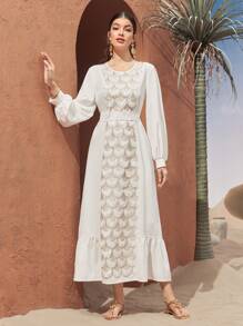 Modelyn 拼布流苏长袖系带阿拉伯风格 Jalabiya 连衣裙长款晚礼服 - 白色 - 查看 6