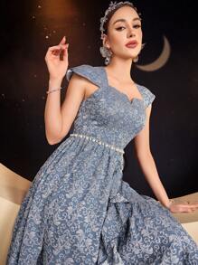 Modelyn Vestido largo de noche con cierre envolvente estampado jacquard y volantes en el bajo para mujer - Neblina azul - Ver 8