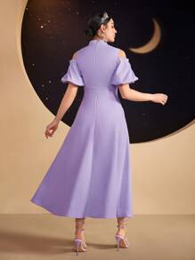 Modelyn 女式露肩泡泡袖连衣裙配水钻装饰立领长款晚礼服 - 紫色 - 查看 2