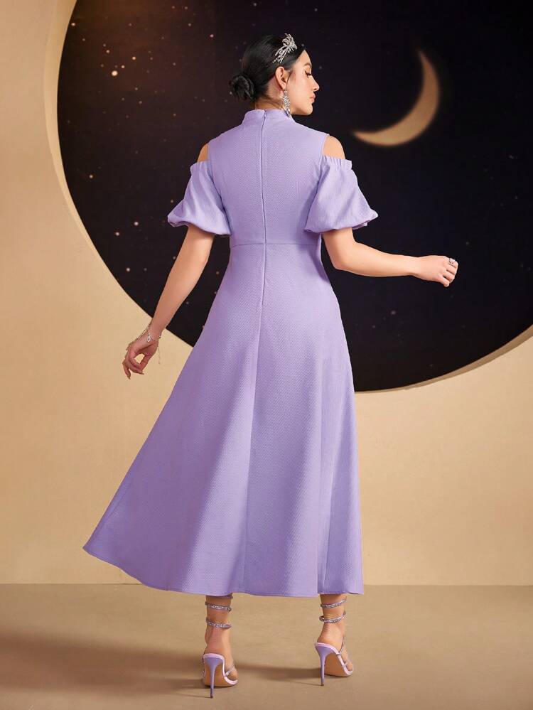 Women's Off Shoulder Puff Sleeve Dress With Rhinestone Decorative Stand Collar Long Evening Dresses