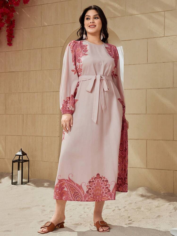 Plus Size Floral Print Puff Sleeve Dress For Women
