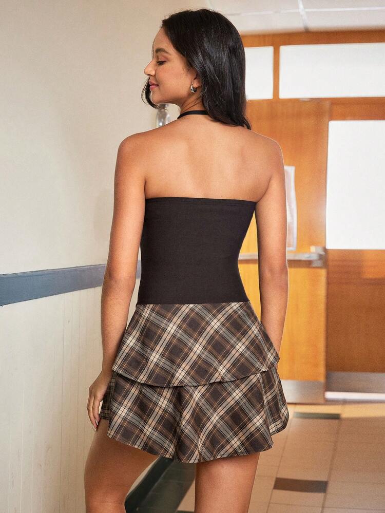 Women's Plaid Patchwork Strapless Dress