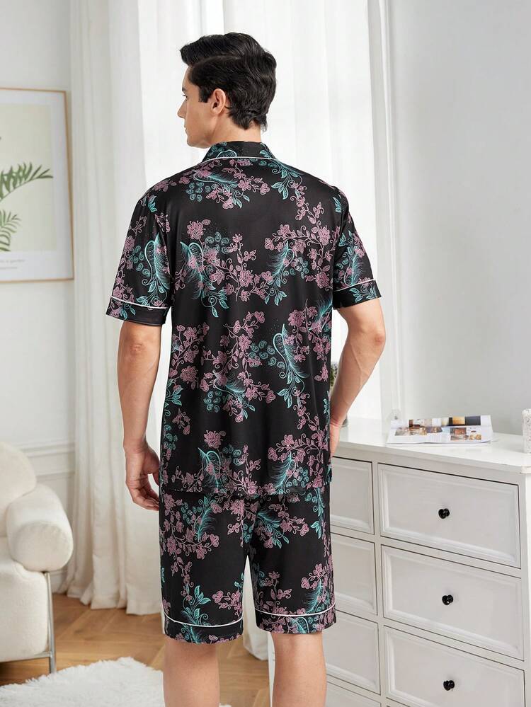 Men's Floral Print Short-Sleeved Tops, Shorts, Home Wear Set