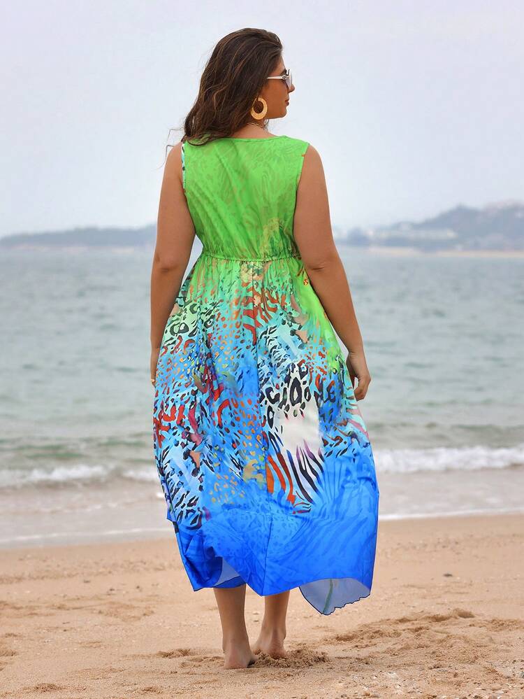 Plus Size Women's Sleeveless Leopard Print V-Neck Dress