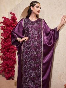 Al Najma 女士亮片葉子刺繡網帶拼接蝙蝠袖連衣裙 - 紫色 - 查看 7