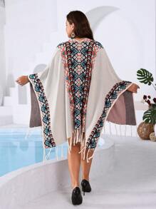 Breezaya Plus Geo Pattern Tassel Trim Wrap Cape Cardigan, For Winter - Beige - View 2