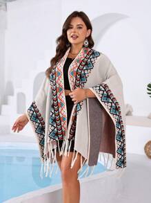 Breezaya Plus Geo Pattern Tassel Trim Wrap Cape Cardigan, For Winter - Beige - View 3