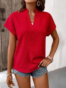 EMERY ROSE Blusa de mujer de unicolor con cuello muescado y mangas tipo murciélago, top de manga corta - Rojo - Ver 5