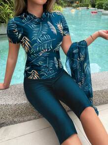 Swim Mulvari Summer Beach Tropical Print Tankini With Cover Up - Green - View 3