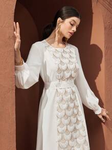 Modelyn 拼布流苏长袖系带阿拉伯风格 Jalabiya 连衣裙长款晚礼服 - 白色 - 查看 4