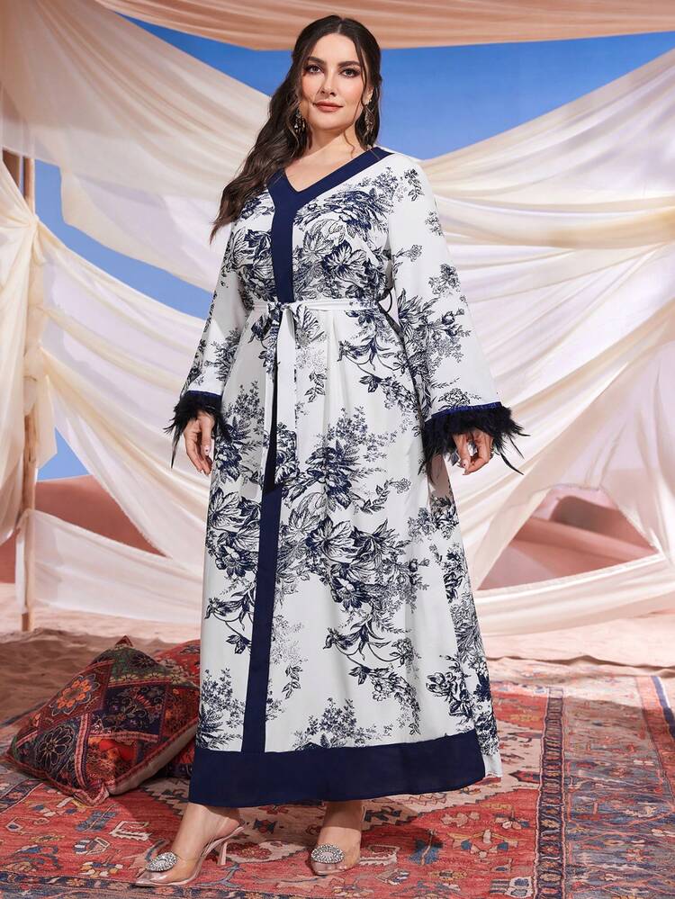 Plus Size Women's Arabic Jalabiya Clothing With Plant Print Patchwork Design & Feather Trimmings On Sleeves