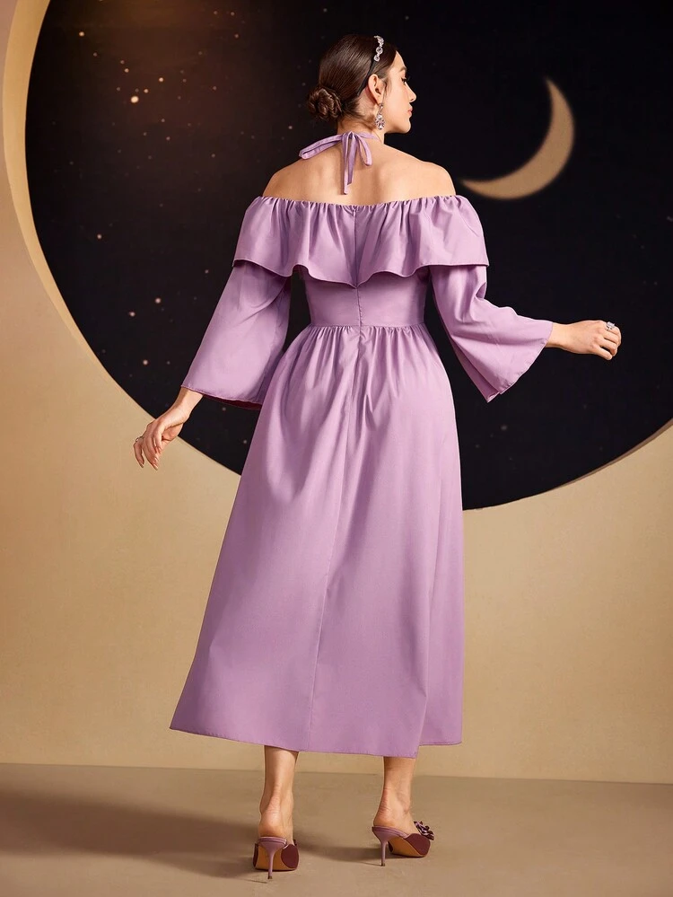 Ladies' Patchwork Asymmetric Ruffle Off-Shoulder Halter Neck Dress Long Evening Dresses