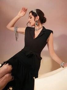 Modelyn Women's Fishtail Dress With Fluffy Hem Long Evening Dresses - Black - View 8