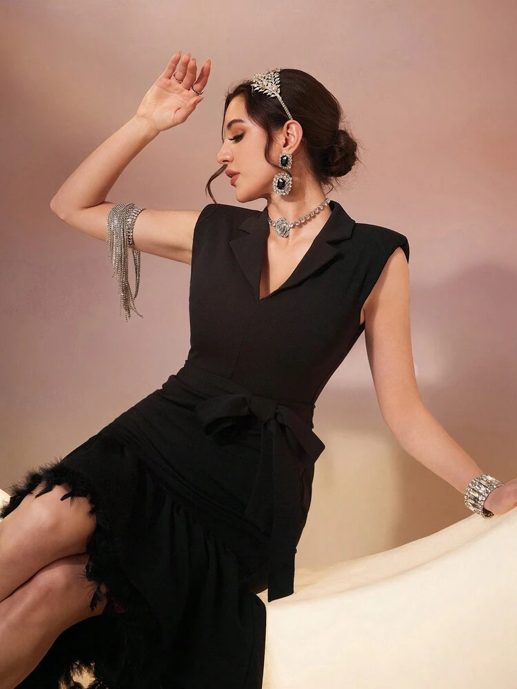 Women's Fishtail Dress With Fluffy Hem Long Evening Dresses