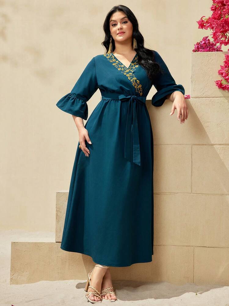 Plus Size Women's Embroidered Wrap Style Dress With Ruffle Sleeves