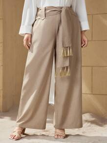 Mulvari Kích thước lớn Của phụ nữ Cao eo Nút phía trước Tua Quần - Màu nâu  Mocha - Xem 7