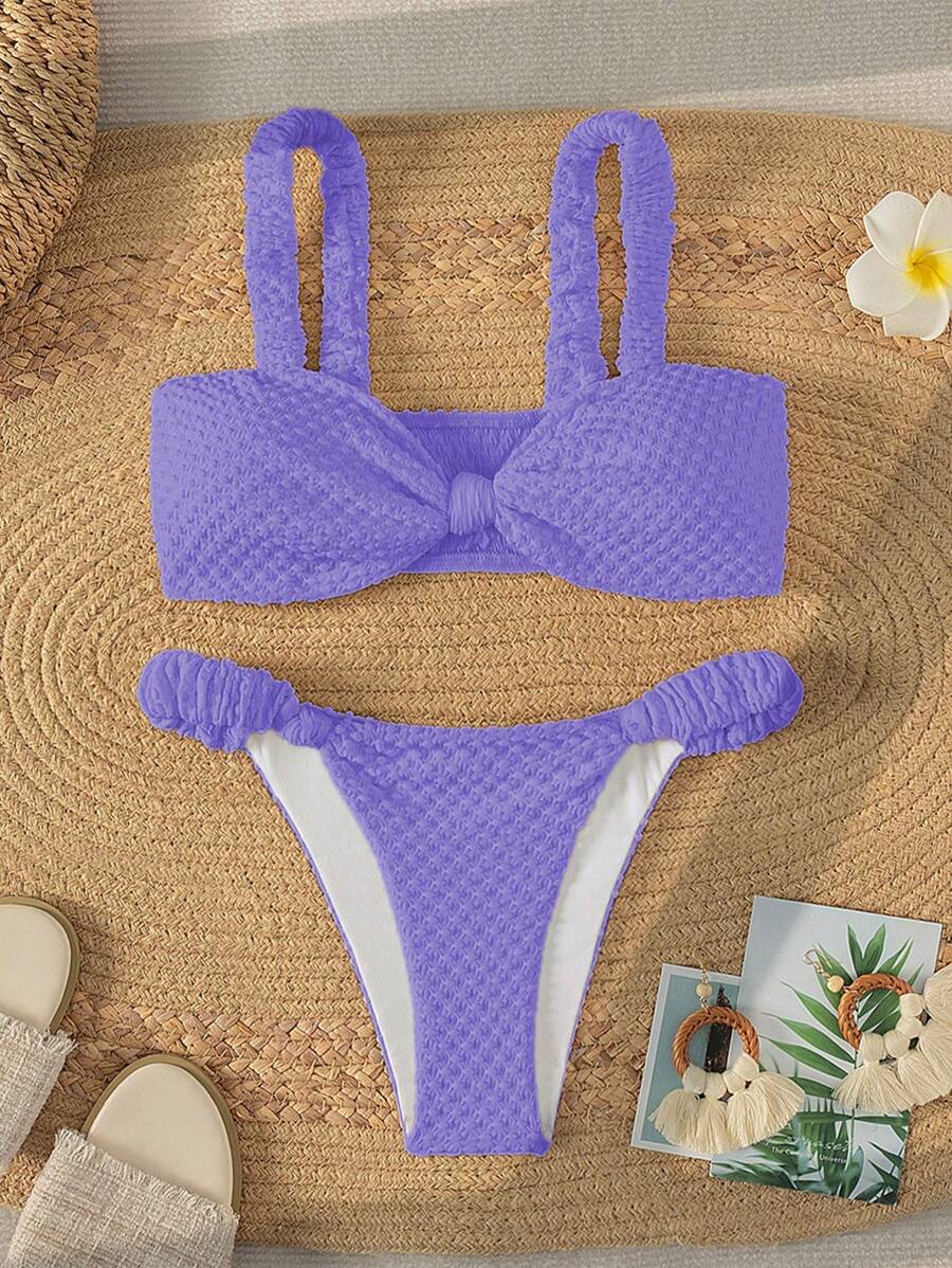 SHEIN Swim Ladies' Textured Ruched Two Pieces Bikini Set Summer Beach - Purple - View 1