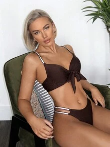 SHEIN Swim Conjunto de traje de baño de mujeres con detalles de correas tejidas y brillo, traje de baño para playa de verano - Café integral - Ver 3