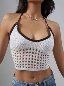 SHEIN Unity Women's Colorblock Halter Neck Hollow Out Knitted Top - White - View 4