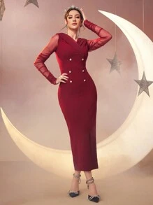 Modelyn 女士 V 领透明网眼长袖双排扣连衣裙，优雅晚会礼服 - 紅色 - 查看 2