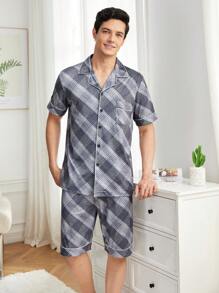 Men's Plaid Short Sleeve Homewear Set - Grey - View 1