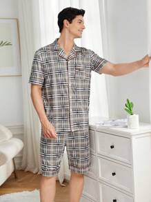 Men's Plaid Short Sleeve Homewear Set - Grey - View 1
