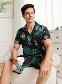 Men's Plant Printed Short Sleeve Shirt Pajama Set - Black - View 1