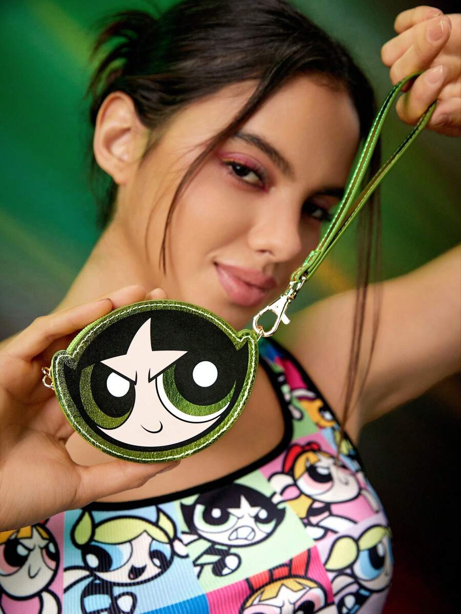 THE POWERPUFF GIRLS X SHEIN 可爱卡通绿色毛茛图案零钱包 - 綠色 - 查看 1