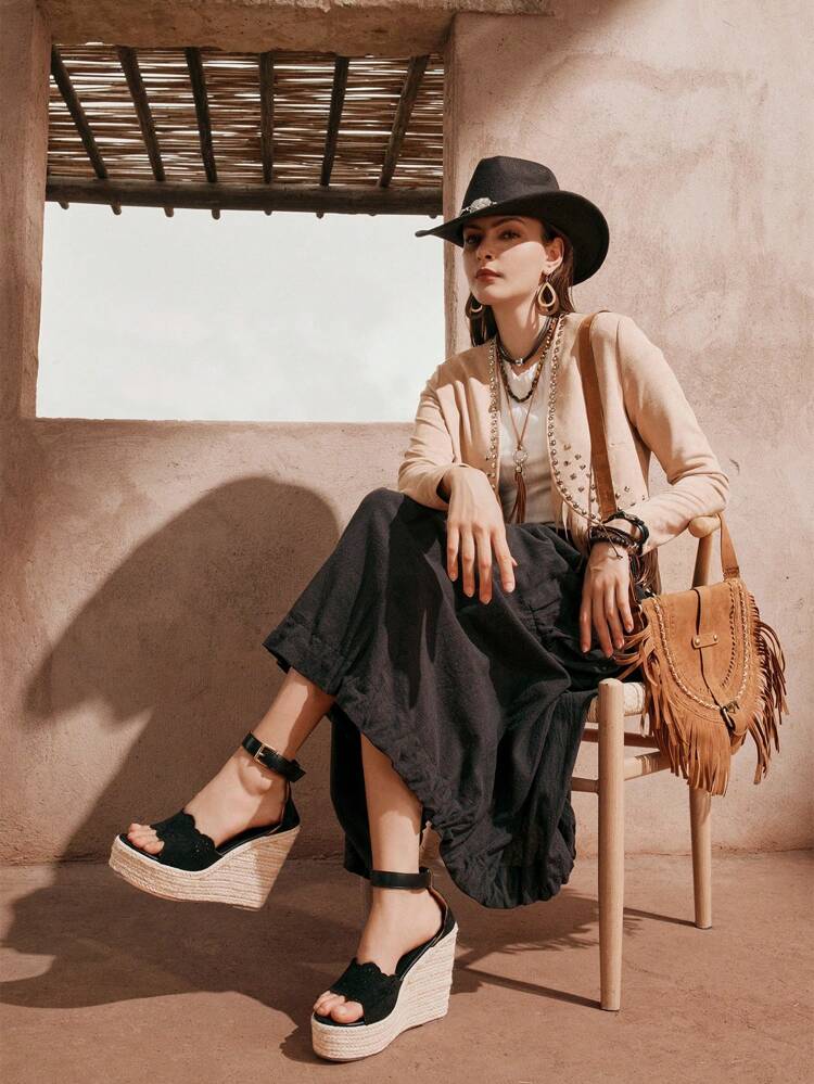 Ladies' Fashionable Wedge Heel Espadrille Sandals With Rope Sole For Resort