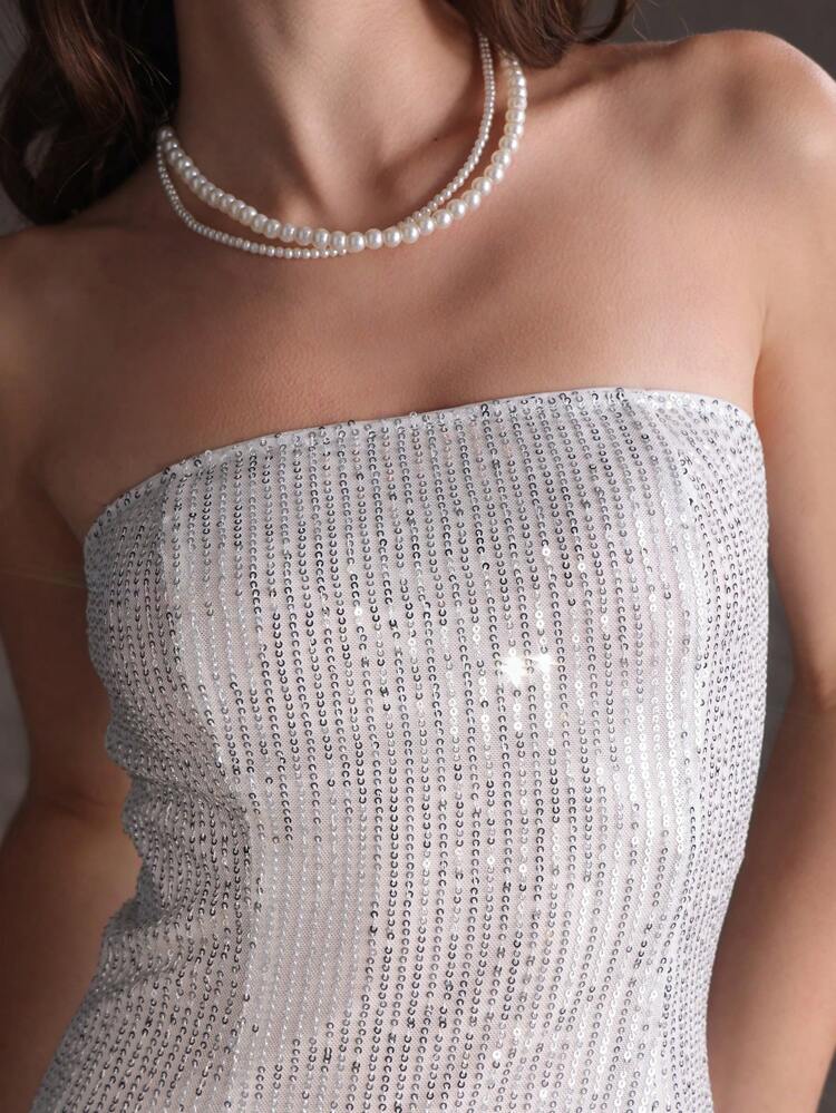 Women's Strapless Sequin Patchwork Slit Dress