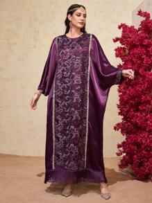 Al Najma 女士亮片葉子刺繡網帶拼接蝙蝠袖連衣裙 - 紫色 - 查看 5