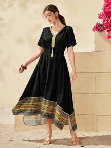 Al Najma Women's V-Neck Shirt With Fringe And Patchwork Ribbon & Skirt 2pcs Set 2 Piece Set - Black - View 2