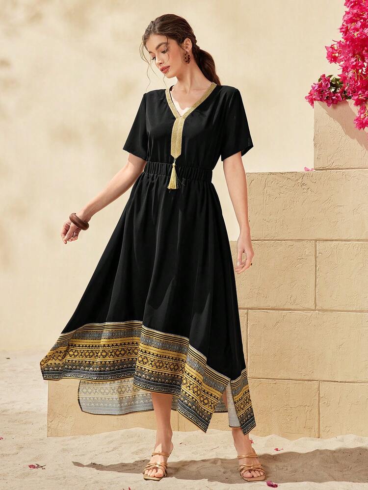 Women's V-Neck Shirt With Fringe And Patchwork Ribbon & Skirt 2pcs Set 2 Piece Set