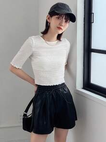 FRIFUL 女士修身紋理萵苣邊t卹 - 米色 - 查看 4