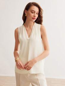 MOTF PREMIUM 絲質純色v領無袖襯衫 - 香檳色 - 查看 7