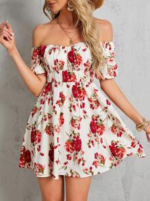 SHEIN VCAY Women's Floral Print Off-Shoulder Dress