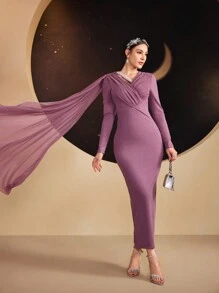 Modelyn Vestido árabe de ajuste ceñido para dama con contraste de plisados y malla - Lila Púrpura - Ver 6