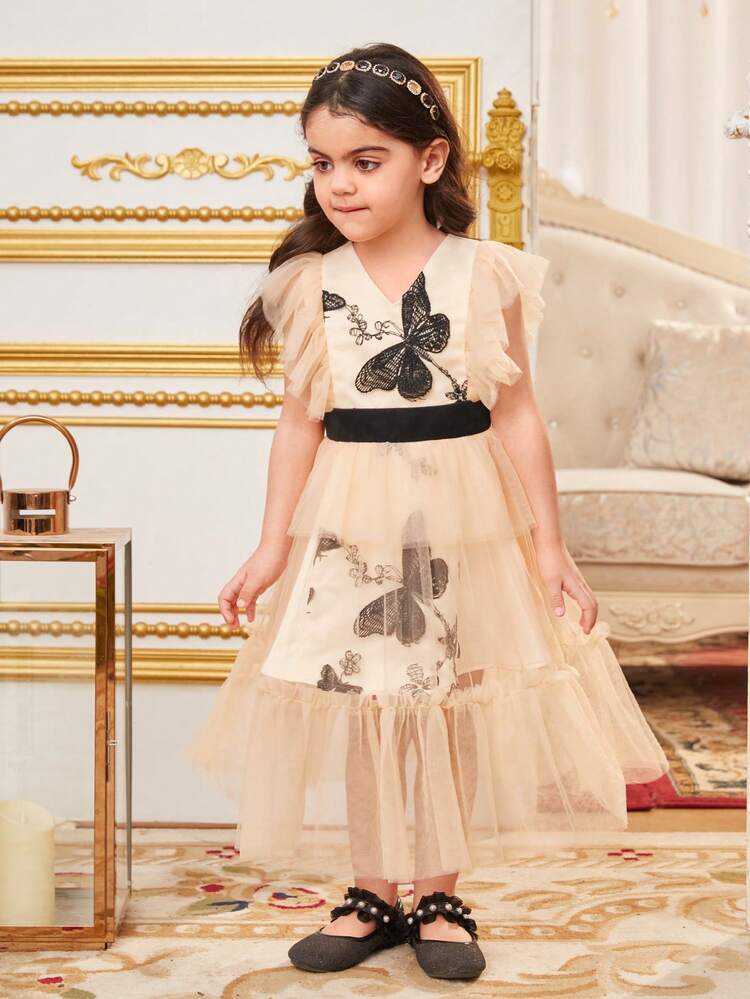 Young Girls' Cute Butterfly Patterned V-Neck Mid-Length Dress With Cap Sleeves