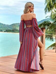 SHEIN VCAY Bộ đồ mùa hè dành cho nữ: Áo croptop kẻ sọc với viền bèo nhún và thiết kế trễ vai xếp ly, kết hợp với chân váy xẻ tà. - Màu Đỏ Sâu - Xem 2