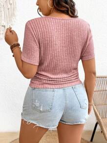 Plus Size Women's Solid Color Basic Ribbed T-Shirt With Wide Round Neck And Short Sleeve - Dusty Pink - View 2