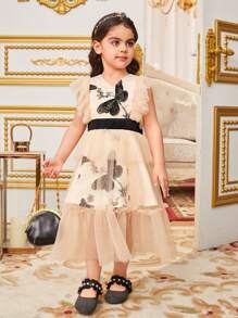 SHEIN Young Girls' Cute Butterfly Patterned V-Neck Mid-Length Dress With Cap Sleeves - Beige - View 2