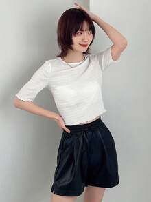 FRIFUL 女士修身紋理萵苣邊t卹 - 米色 - 查看 6