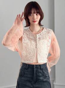 FRIFUL 女士对比色蕾丝网眼衬衫，透明